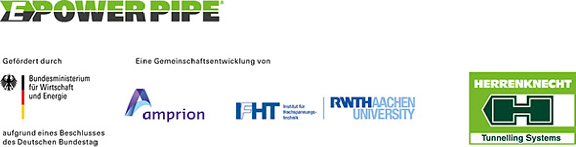 条形徽标上写着：由联邦经济事务和能源部支持，由 amprion、IFHT、RWTH 和 Herrenknecht 联合开发。